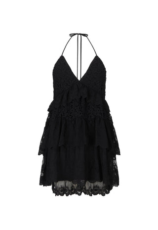 A black halter-neck mini dress with a tiered ruffle skirt and lace detailing, displayed on a white background.