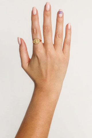 close-up-image-of-a-hand-with-painted-nails-wearing-gold-rings-including-that-of-the-spell-s-stargazer-zodiac-ring