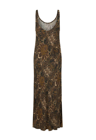 A sleeveless, floor-length slip dress with a brown and gold floral pattern, shown against a plain white background.