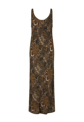A sleeveless, floor-length maxi dress with a brown, black, and beige botanical floral pattern, shown against a plain white background.