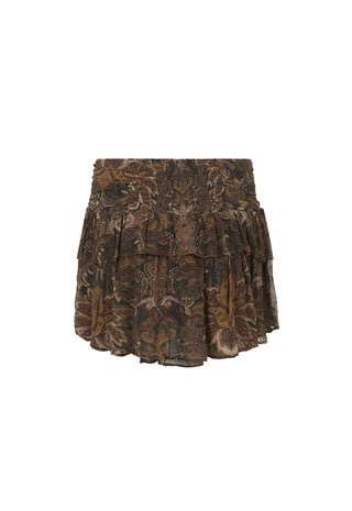 A brown and beige floral patterned pleated mini skirt, shown flat against a solid white background.