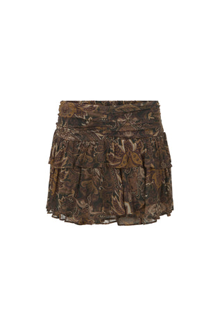 A ruffled tiered mini skirt with an all-over camouflage pattern in shades of brown, beige, and black, shown against a plain white background.