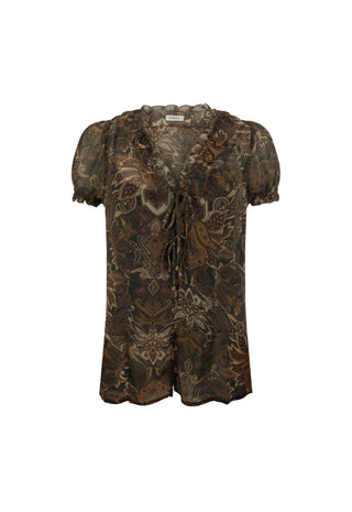 A short-sleeve blouse with a dark brown and black damask pattern, featuring a ruffled V-neckline and front tie closure, shown against a plain white background.