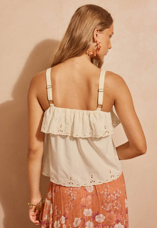 a-woman-shown-from-the-back-wearing-a-cream-ruffled-spaghetti-strap-top-with-eyelet-lace-trim-and-a-peach-floral-skirt-against-a-warm-beige-wall