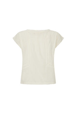 An off-white short-sleeve top with a pleated back design, shown against a plain white background.
