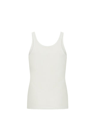 A plain white sleeveless tank top with a wide scoop neck, displayed on a clean white background.