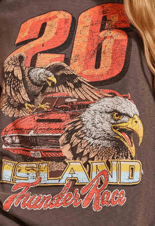 close-up-of-a-dark-brown-graphic-t-shirt-featuring-a-distressed-orange-26-and-a-large-bald-eagle-over-a-red-muscle-car-with-island-thunder-race-printed-below