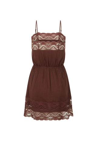 A brown spaghetti-strap nightgown or mini dress featuring lace trim at the bust, waist, and hem, displayed against a solid white background.