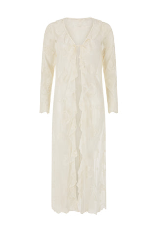 An off-white, long-sleeved maxi dress with a V-neckline, ruffled trim along the front, and a subtle tonal floral pattern, shown against a plain white background.
