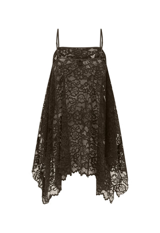 a-black-lace-camisole-top-with-thin-spaghetti-straps-and-an-asymmetrical-draped-hem-shown-against-a-plain-white-background