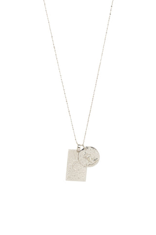 Front view of Spell’s Capricorn Stargazer Zodiac Necklace. The double embossed pendant charm necklace comes in 0.925 Sterling Silver and hangs from a twisted rope chain.