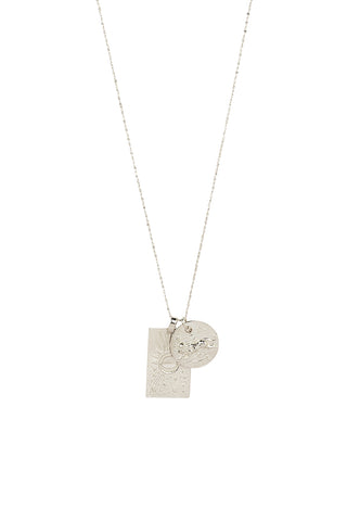 Front view of Spell’s Leo Stargazer Zodiac Necklace. The double embossed pendant charm necklace comes in 0.925 Sterling Silver and hangs from a twisted rope chain.