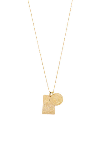 Front view of Spell’s Virgo Stargazer Zodiac Necklace. The double embossed pendant charm necklace comes in 22k Gold Vermeil and hangs from a twisted rope chain.